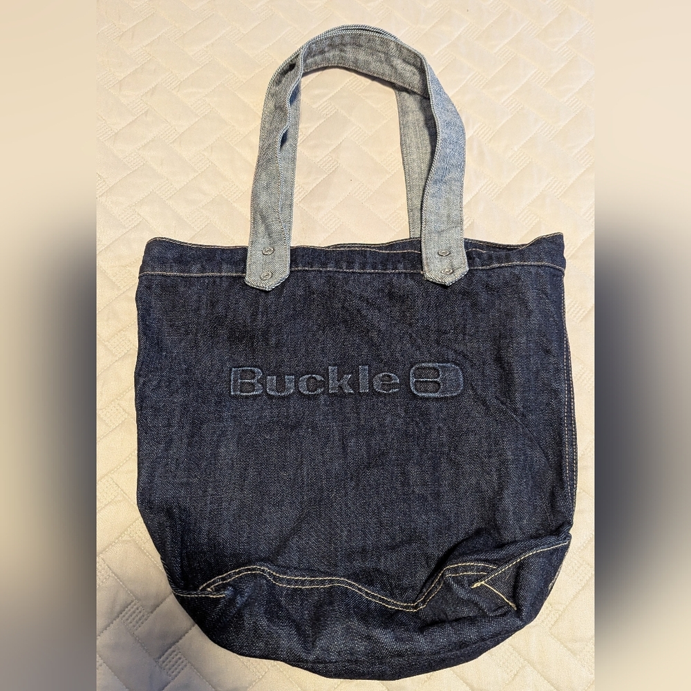 Buckle Embossed Dark Blue Denim Tote Rare